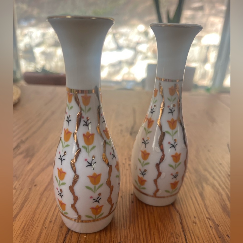 Vintage Enesco Japan Mini Bud Vases Pair Orange Tulip Gold Floral Cottagecore